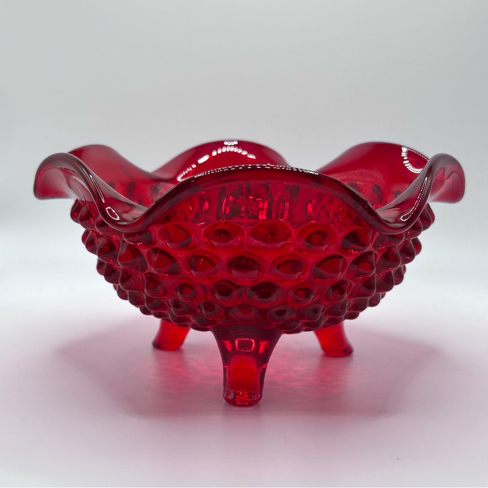 Viking Red Hobnail Footed Ruffled Bowl